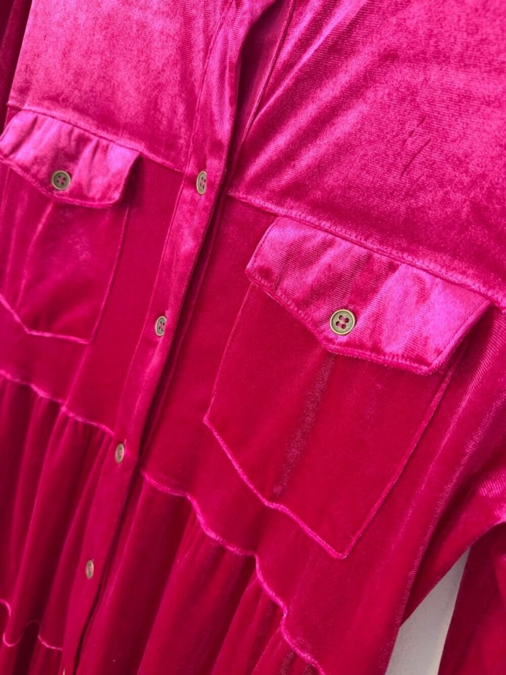 UMGEE Long Sleeve Button Front Tiered Pink Velour Mini Dress Women's Size S - Picture 8 of 10